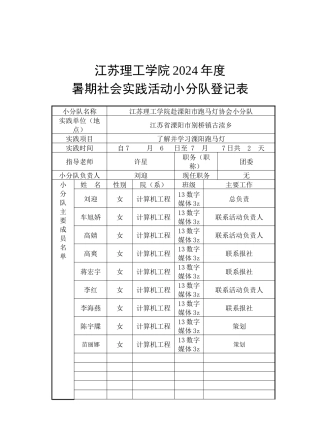 2024年度暑期社会实践活动小分队登记表