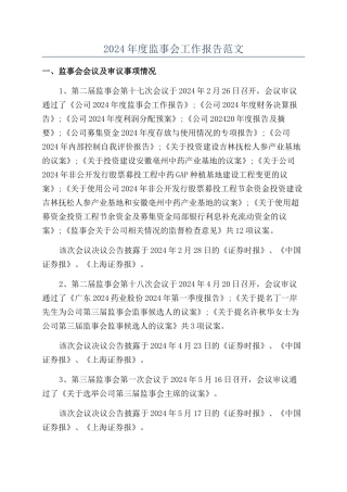 2024年度监事会工作报告范文