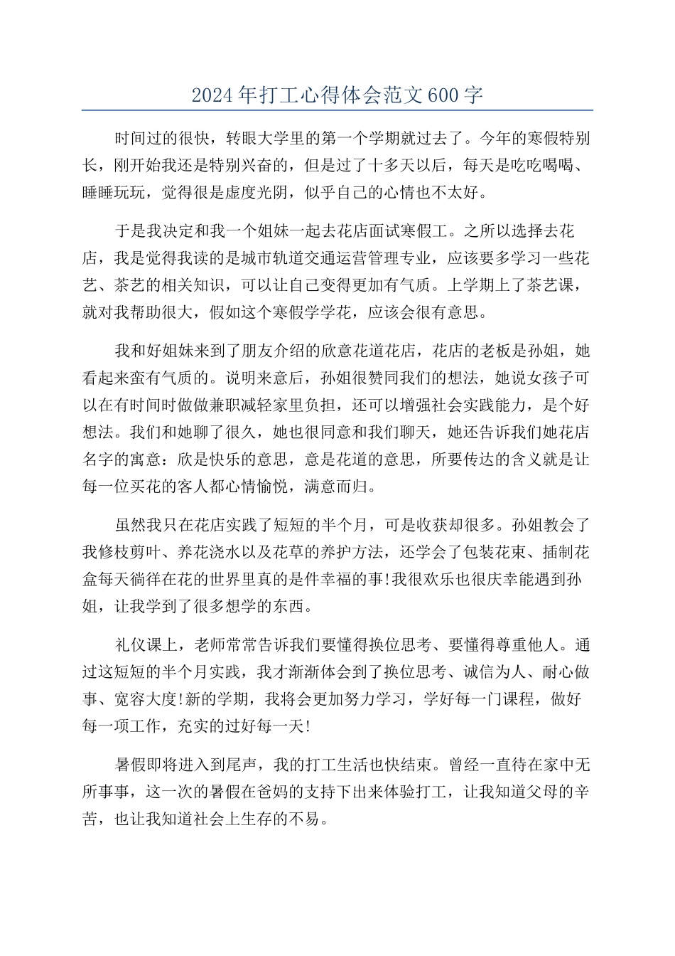 2024年打工心得体会范文600字_第1页