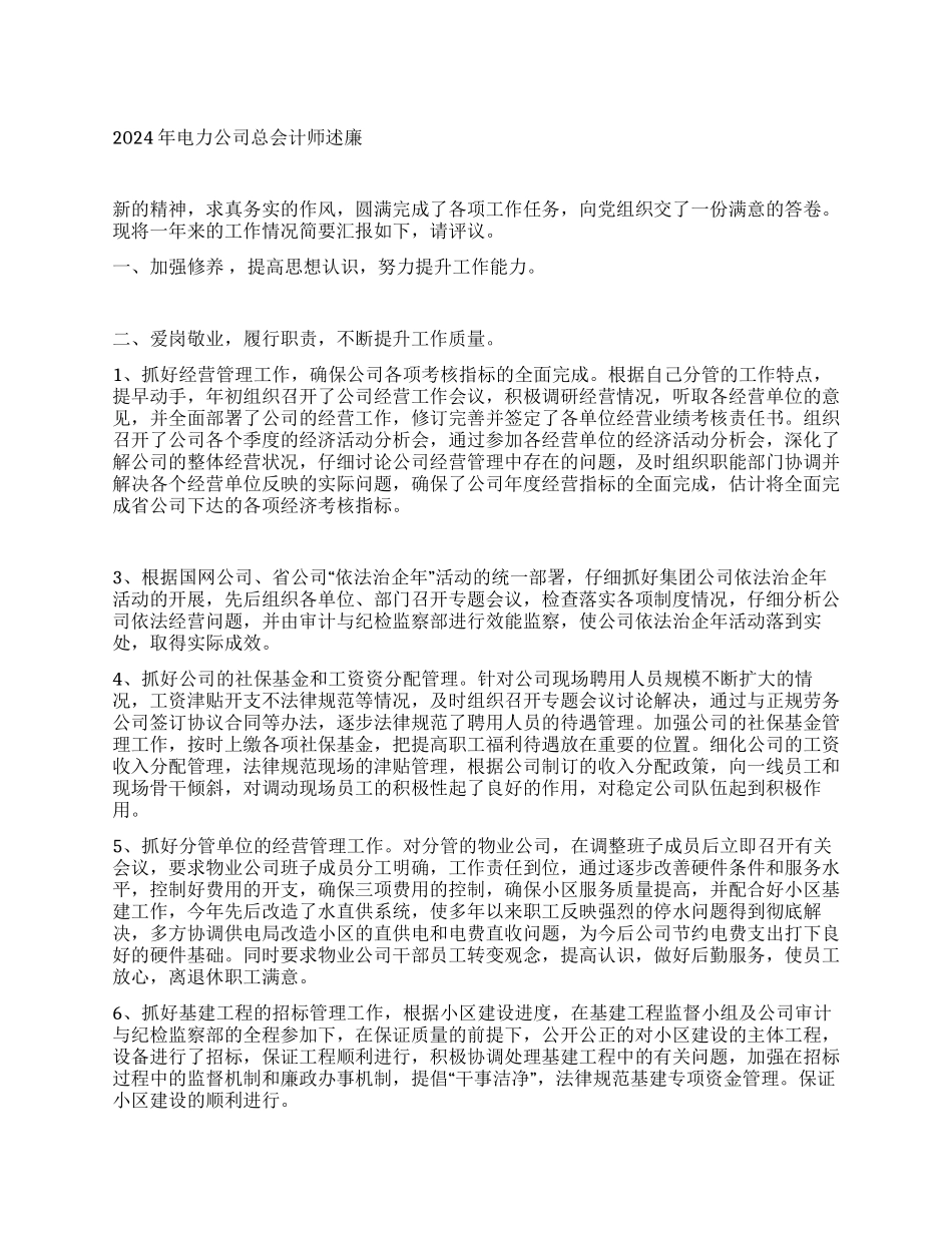 2024年电力公司总会计师述职述廉报告_第1页