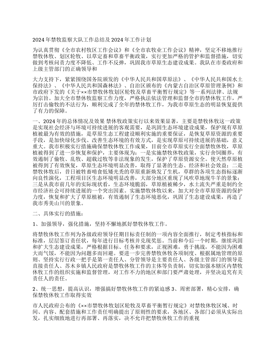 2024年禁牧监察大队工作总结及2024年工作计划_第1页