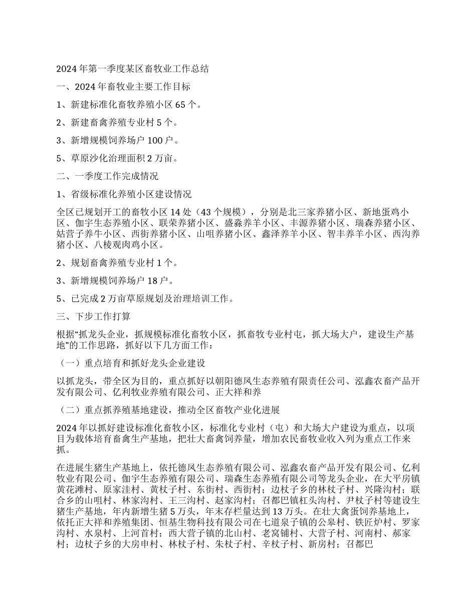 2024年第一季度某区畜牧业工作总结_第1页