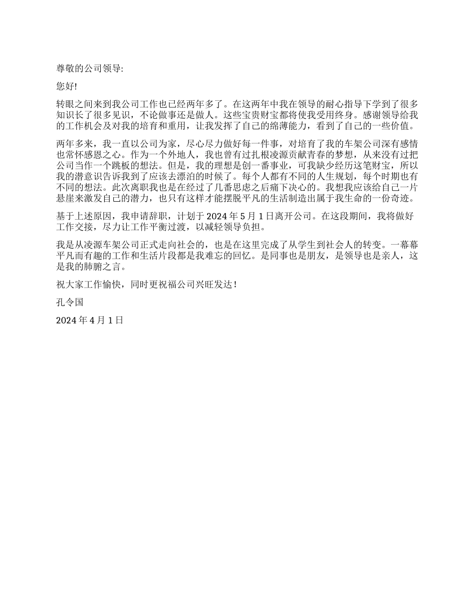 2024年车架公司辞职报告_第1页