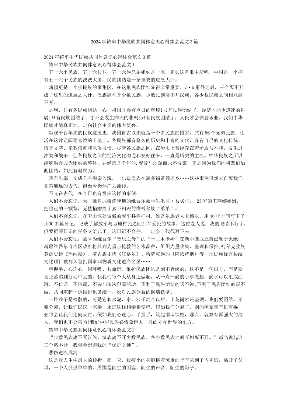 2024年铸牢中华民族共同体意识心得体会范文3篇_第1页