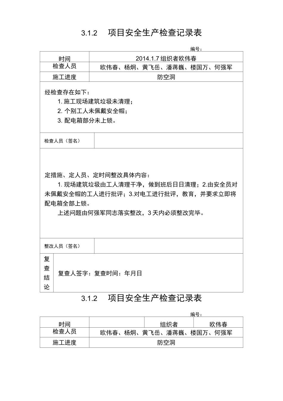 项目安全生产检查记录文本表_第1页