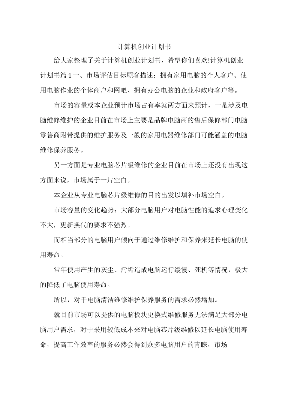 计算机创业计划书_第1页