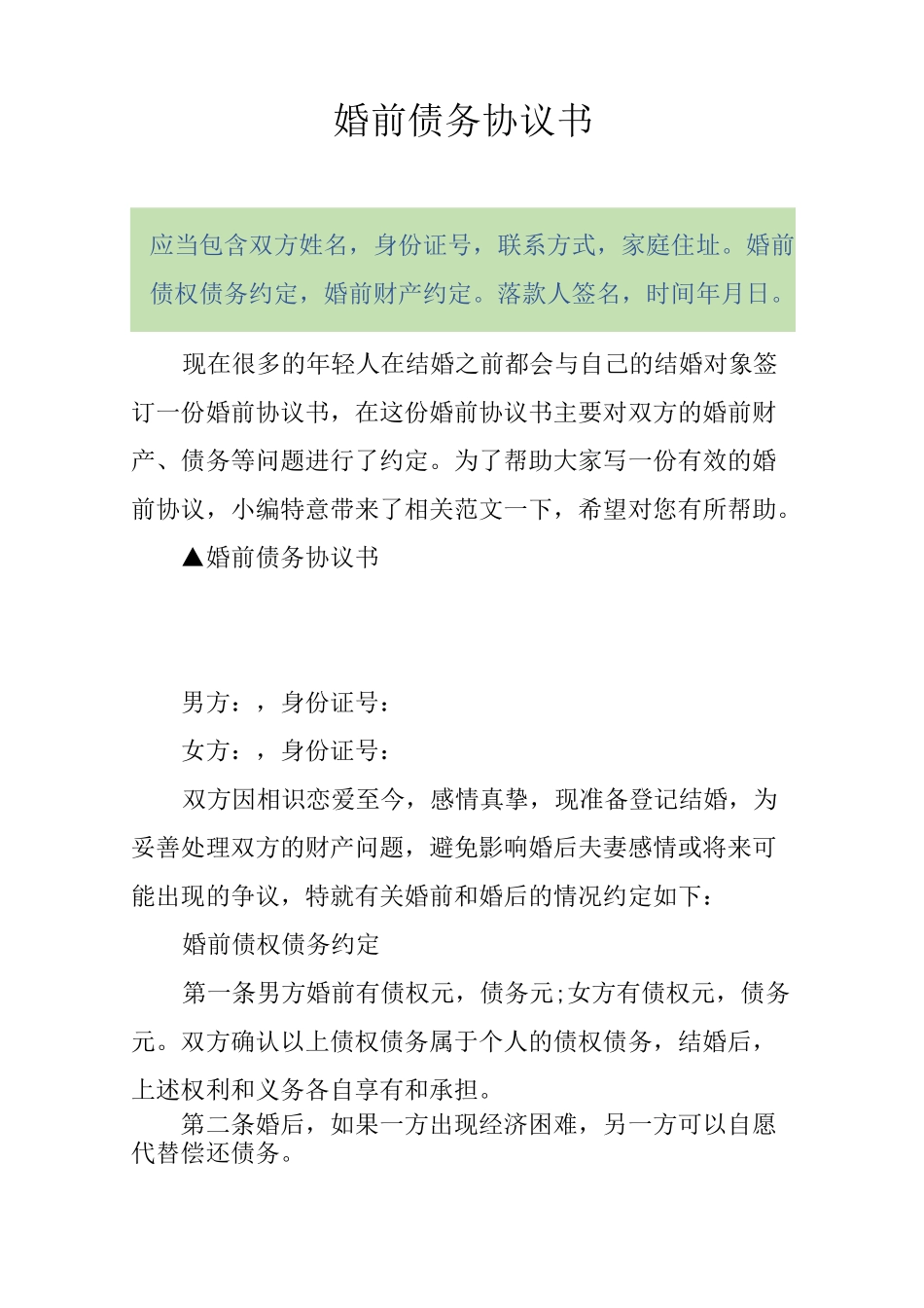 婚前债务协议书_第1页