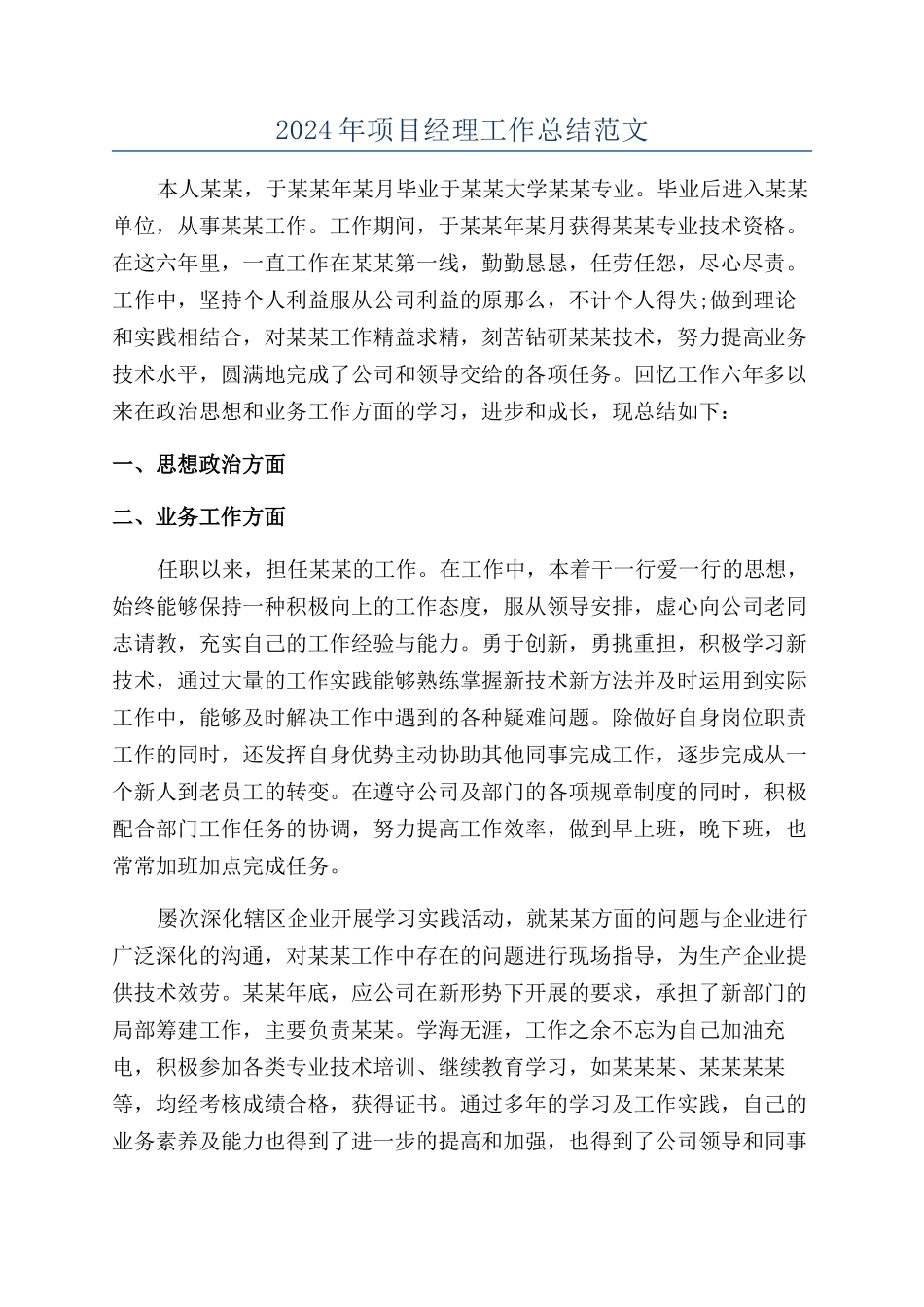 2024年项目经理工作总结范文_第1页