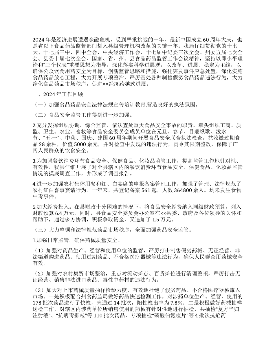 2024年食品药品安全监管工作总结及2024工作思路_第1页