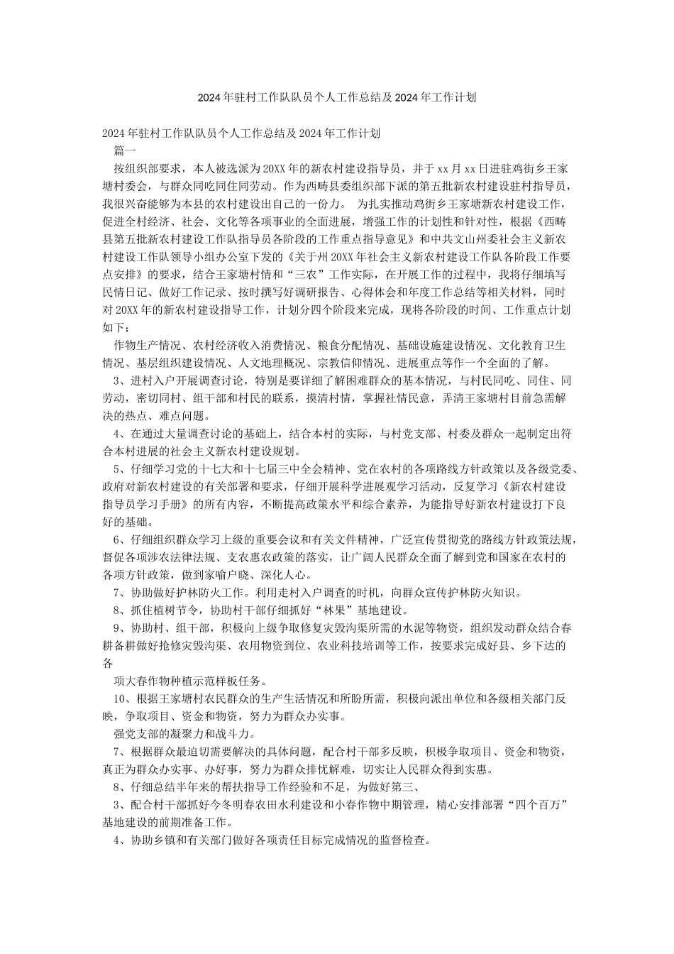 2024年驻村工作队队员个人工作总结及2024年工作计划_第1页
