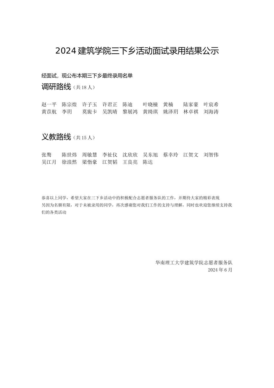 2024建筑学院三下乡活动面试录取结果公示_第1页