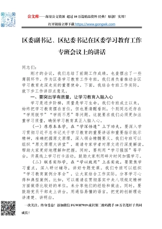 区委副书记、区纪委书记在区委学习教育工作专班会议上的讲话