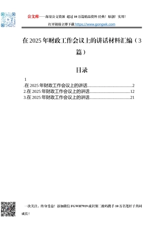在2025年财政工作会议上的讲话材料汇编（3篇）