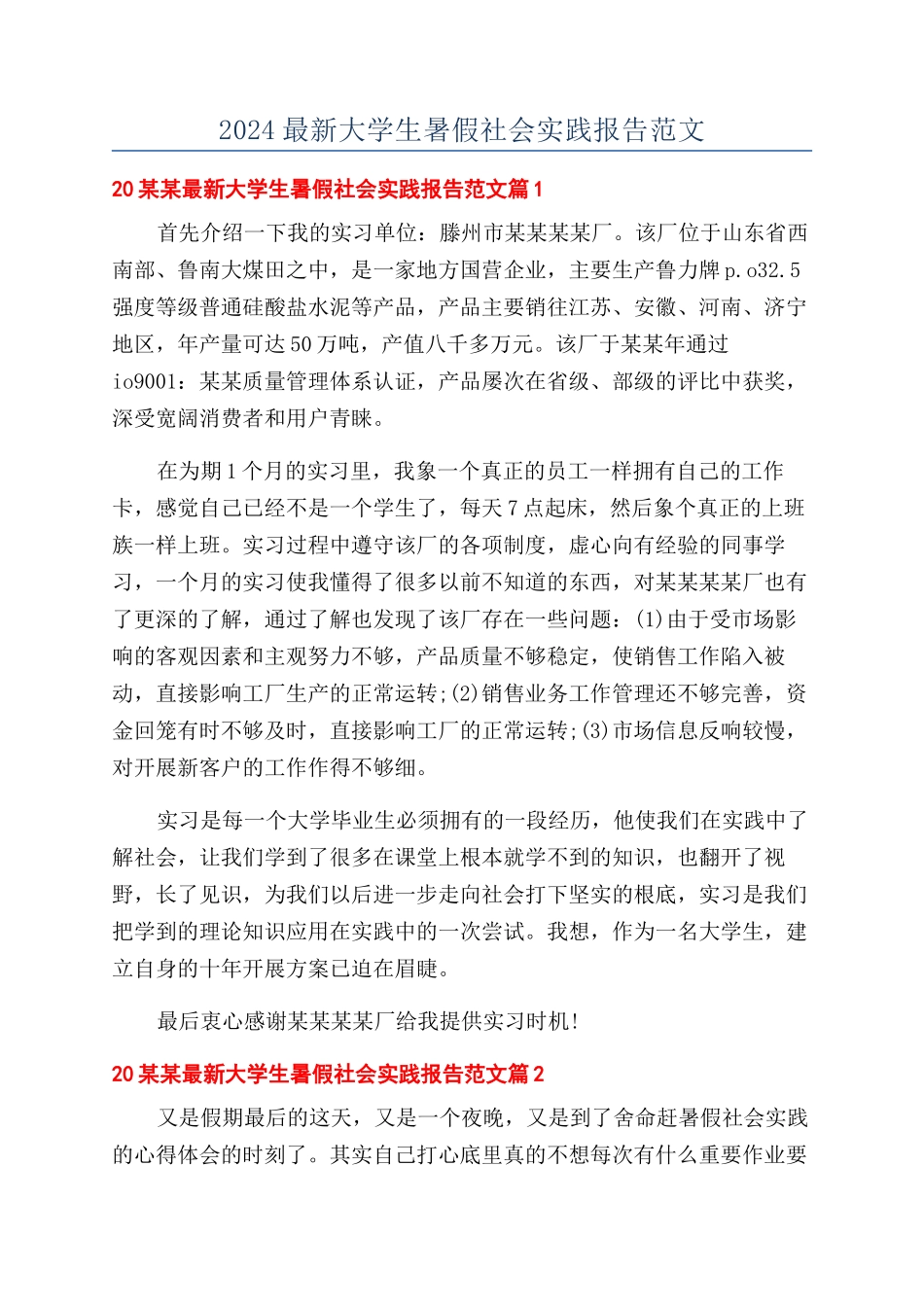 2024最新大学生暑假社会实践报告范文_第1页