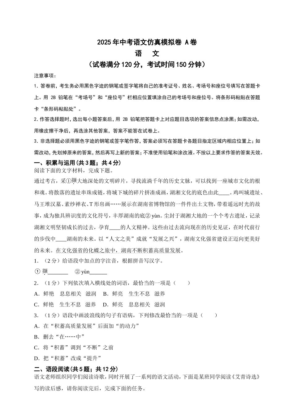 2025年中考语文仿真模拟卷 A卷（学生卷 ）_第1页
