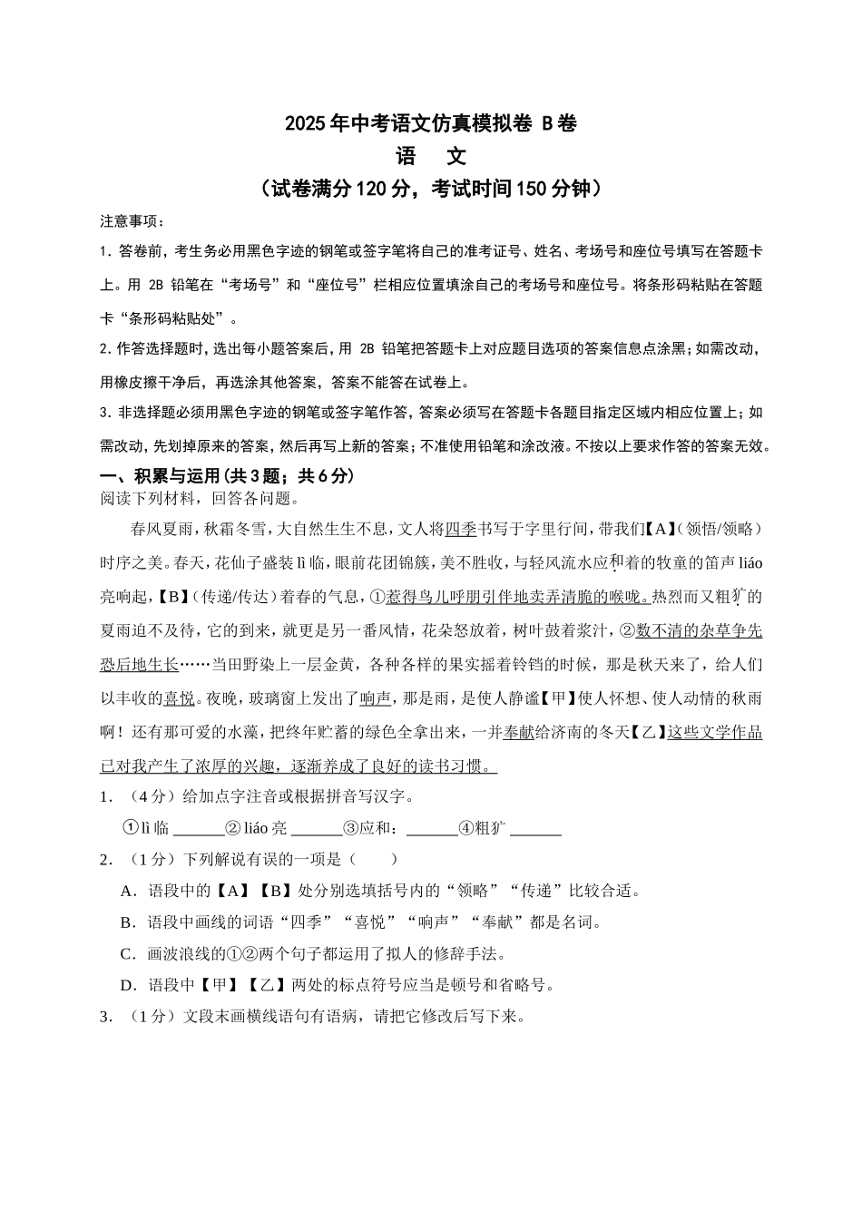 2025年中考语文仿真模拟卷 B卷（学生卷）_第1页