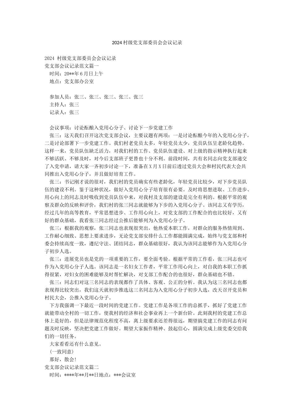 2024村级党支部委员会会议记录_第1页