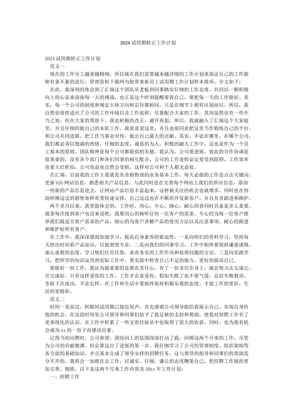 2024试用期转正工作计划_第1页