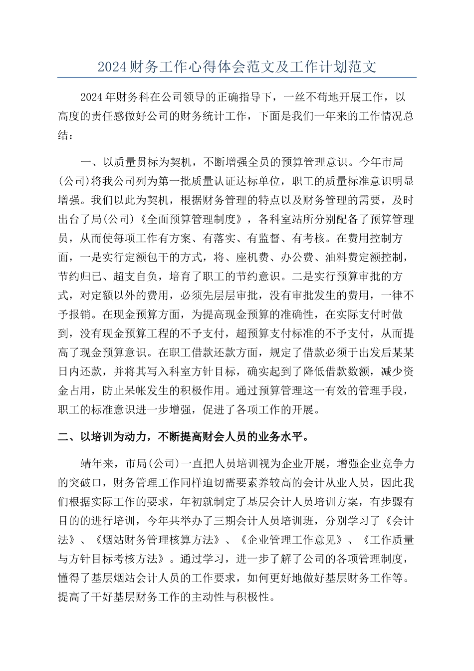 2024财务工作心得体会范文及工作计划范文_第1页
