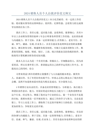 2024销售人员个人自我评价范文例文