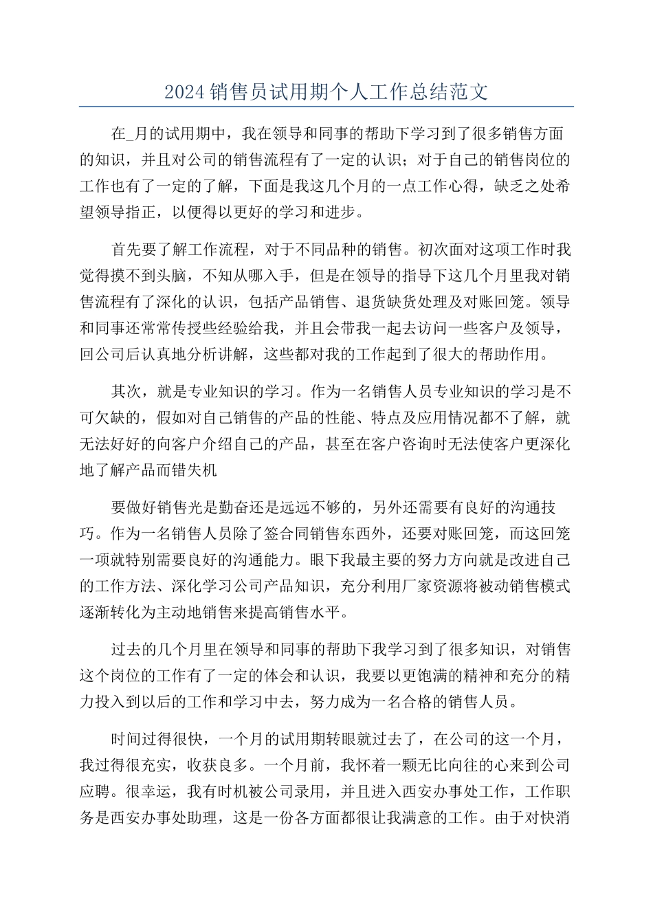 2024销售员试用期个人工作总结范文_第1页