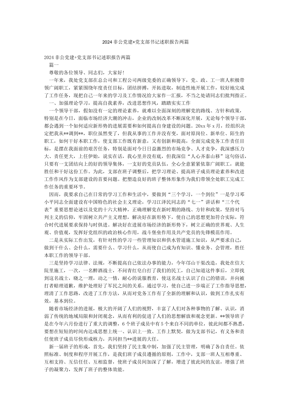 2024非公党建党支部书记述职报告两篇_第1页
