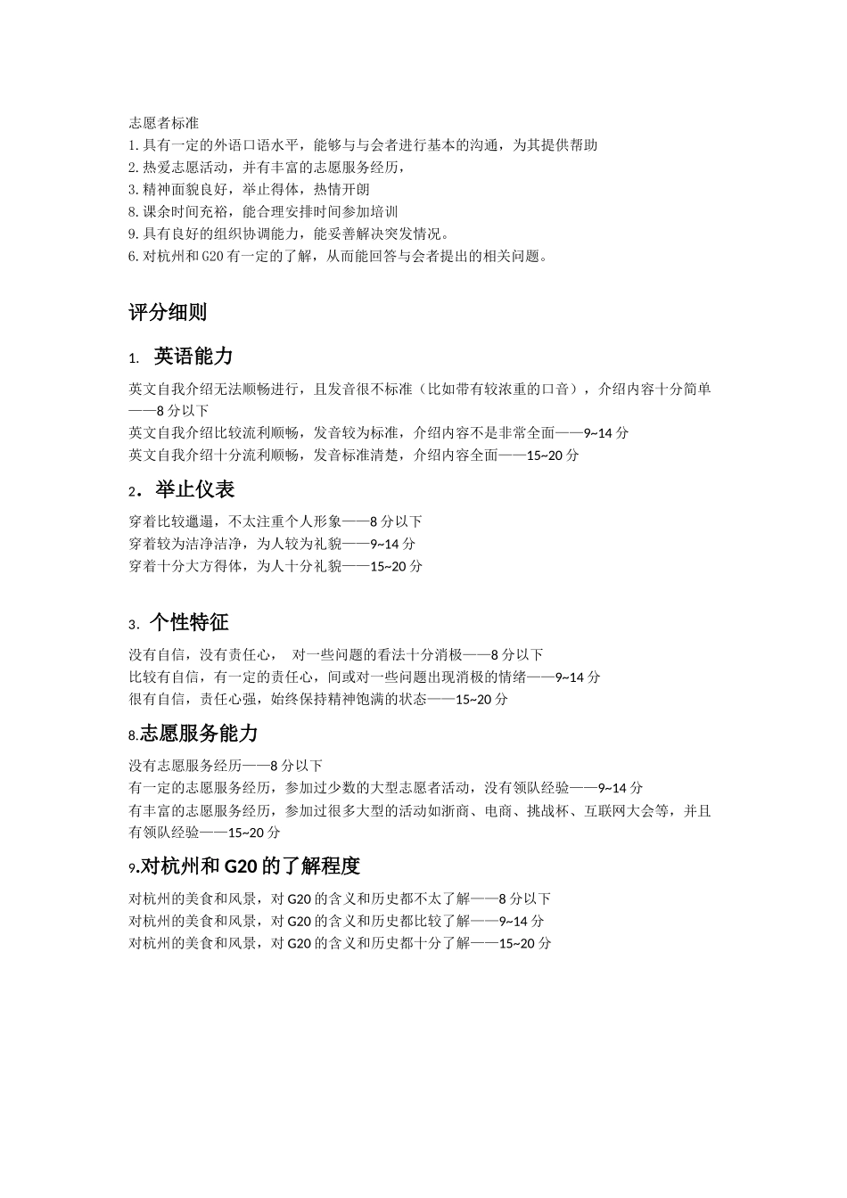 22024年G20杭州峰会志愿服务工作普通志愿者第一轮选拔面试评分标准与细则_第1页