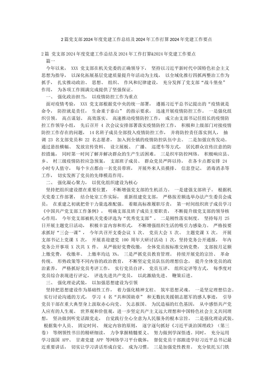 2篇党支部2024年度党建工作总结及2024年工作打算2024年党建工作要点_第1页