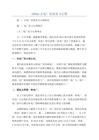 600mw火电厂仿真实习心得