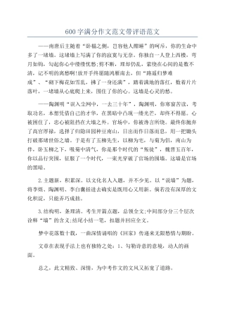 600字满分作文范文带评语范文