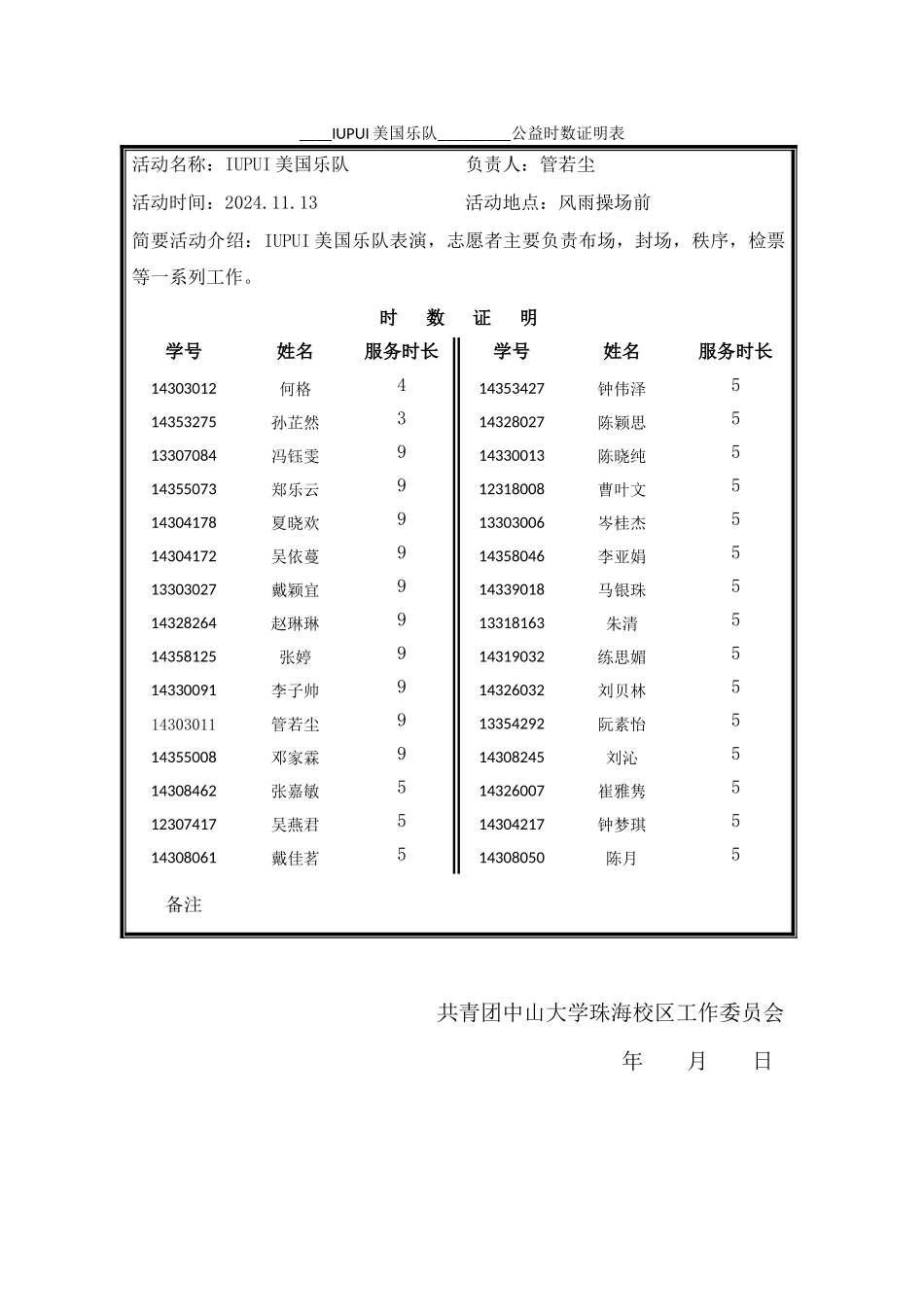 IUPUI演出公益时数证明表1_第1页