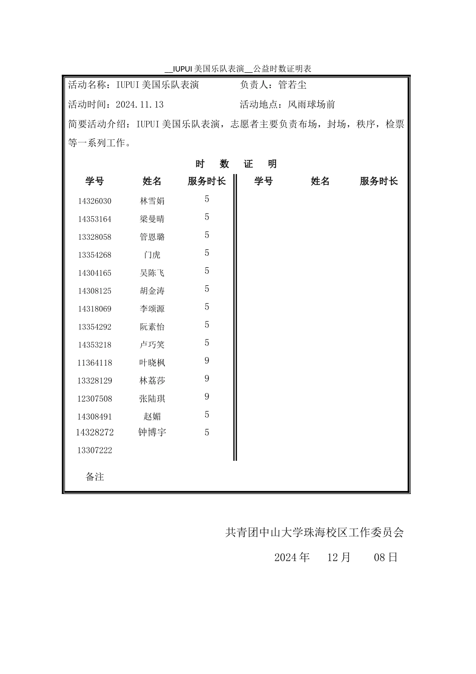 IUPUI演出公益时数证明表2_第1页