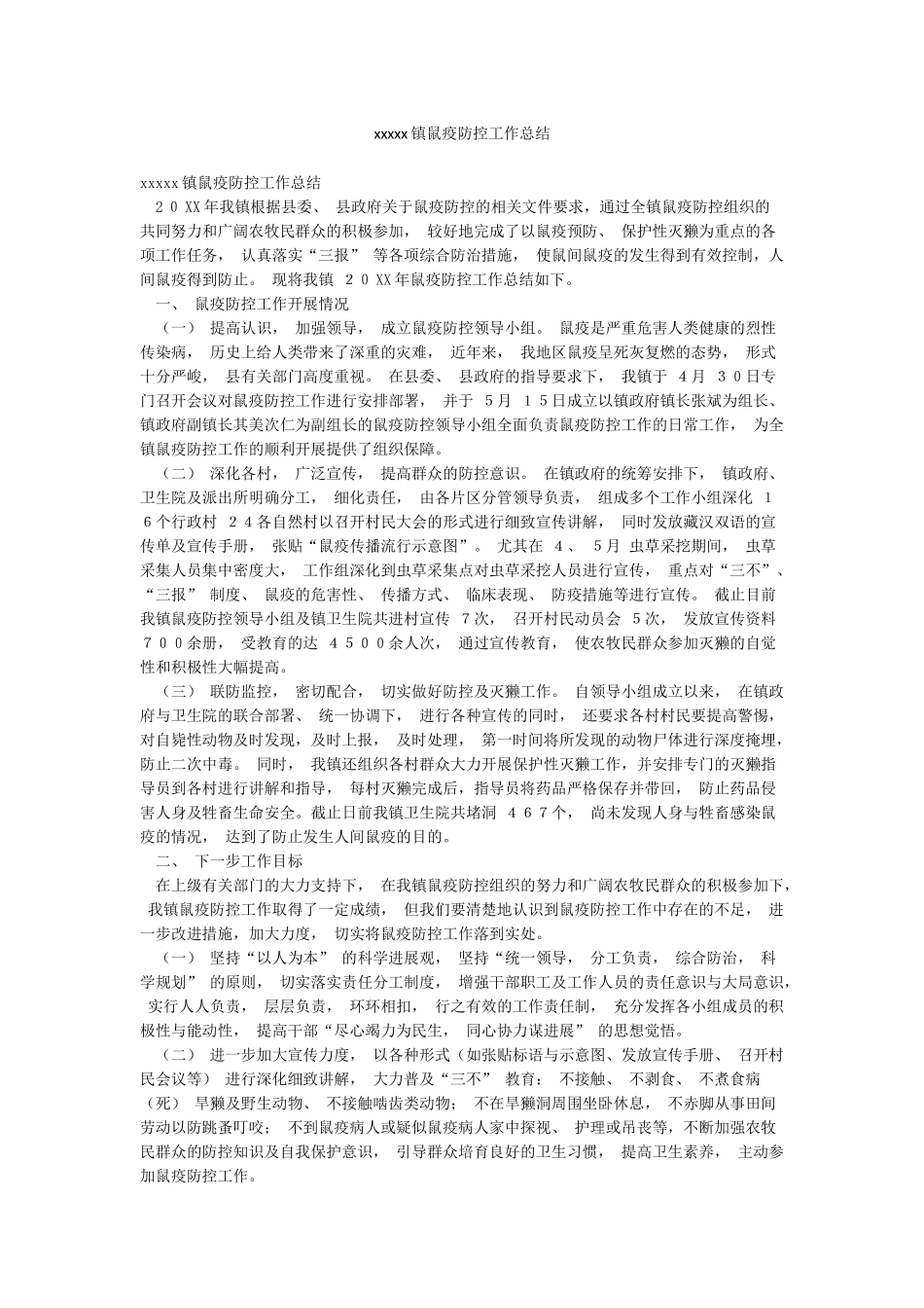 xxxxx镇鼠疫防控工作总结_第1页