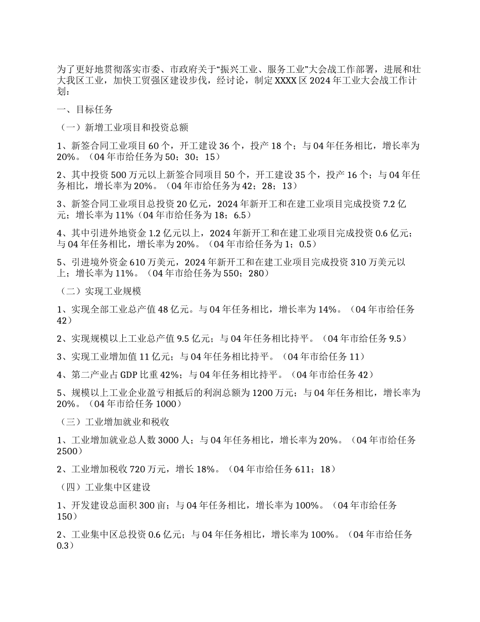 XXXX区2024年工业大会战工作计划_第1页