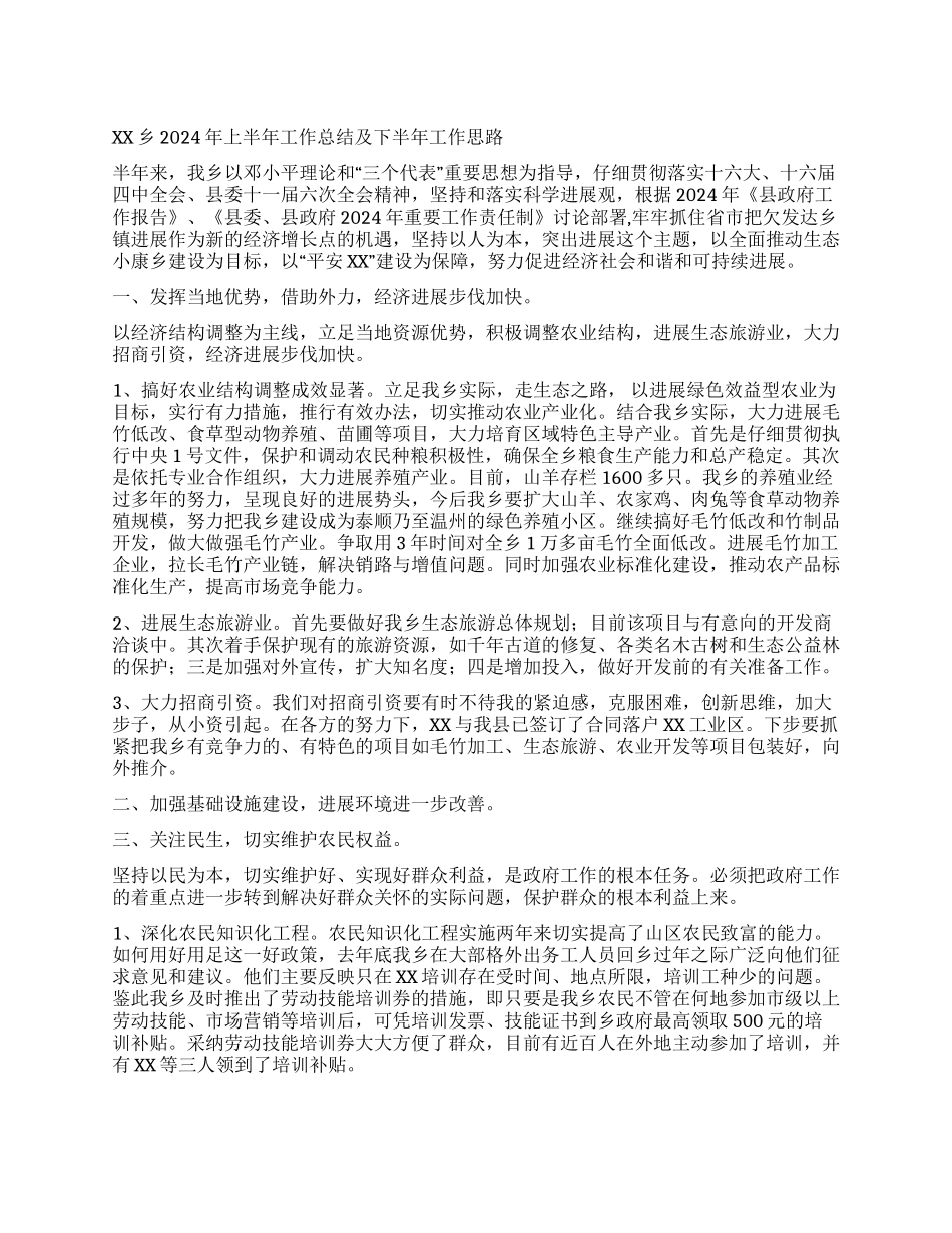XX乡2024年上半年工作总结及下半年工作思路_第1页
