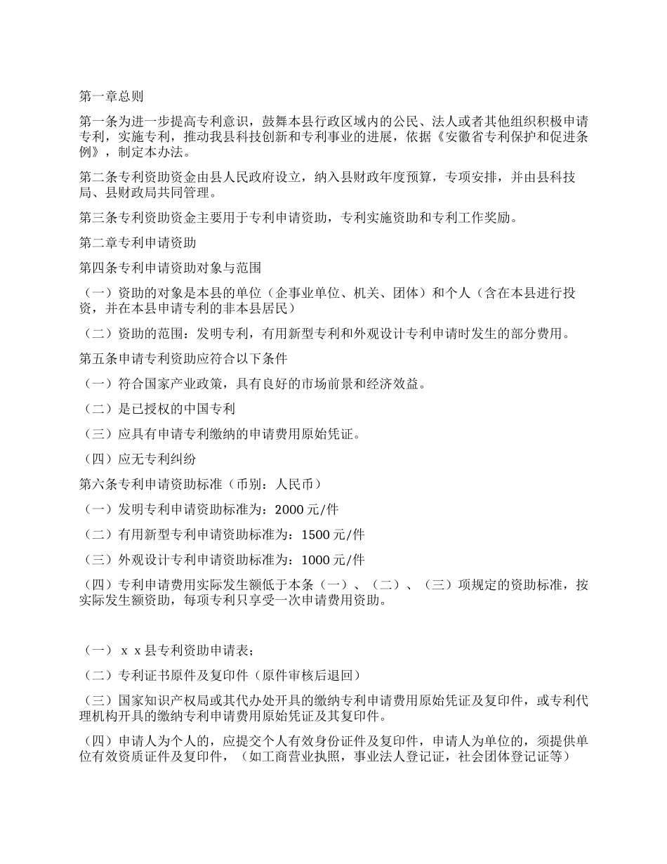 XX县专利资助资金实施办法_第1页