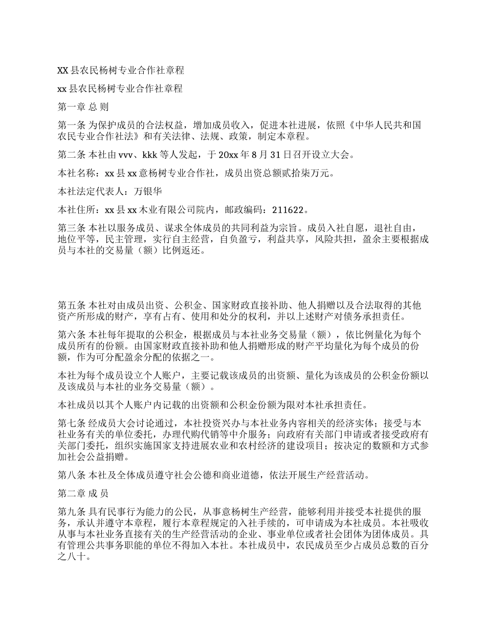 xx县农民杨树专业合作社章程_第1页
