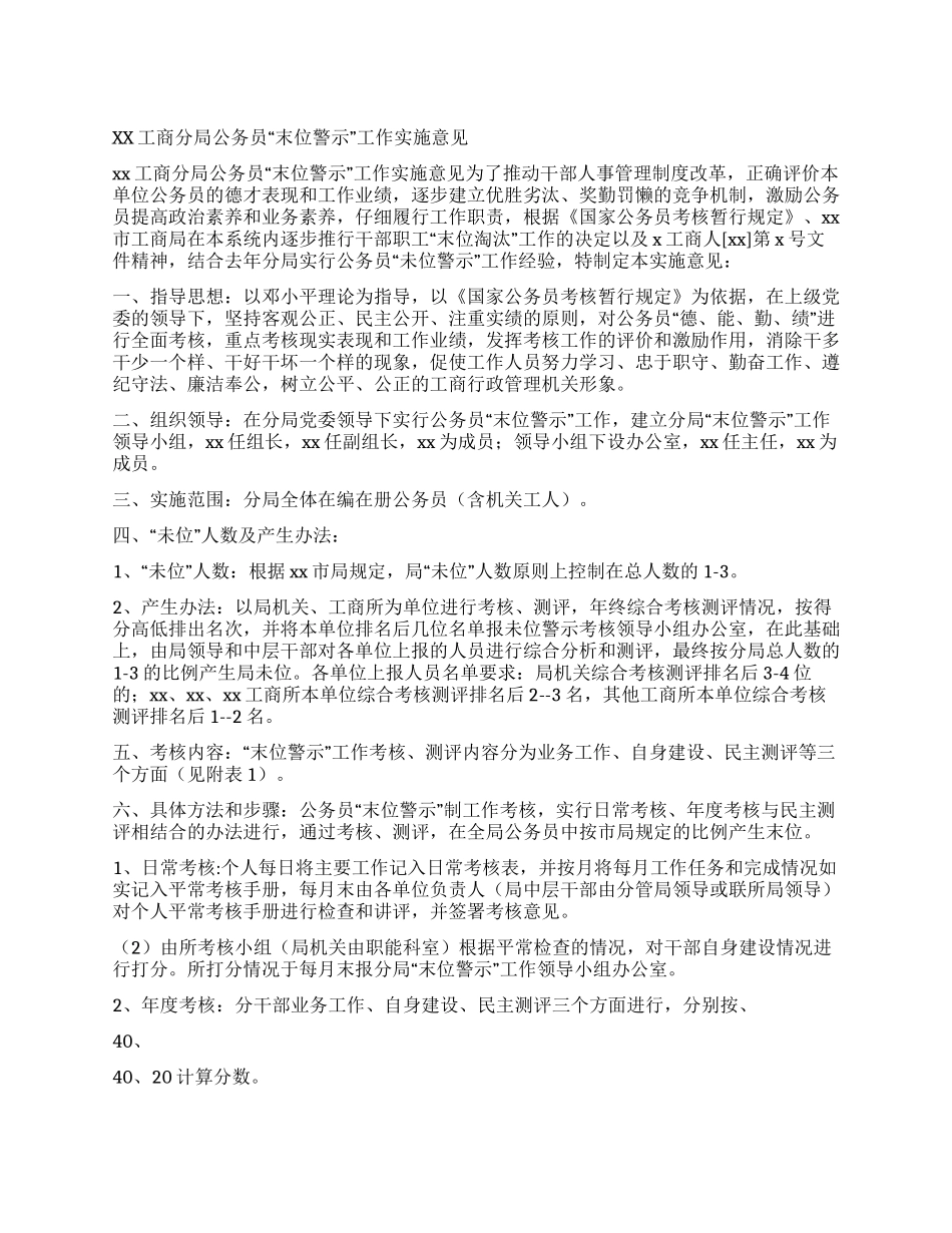 xx工商分局公务员“末位警示工作实施意见_第1页