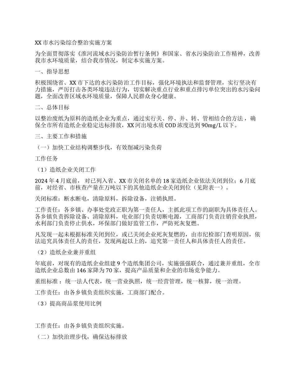 XX市水污染综合整治实施方案_第1页