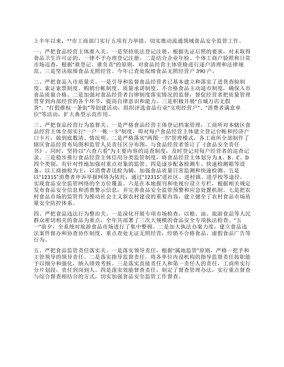 XX年上半年工商局食品安全监管工作总结_第1页