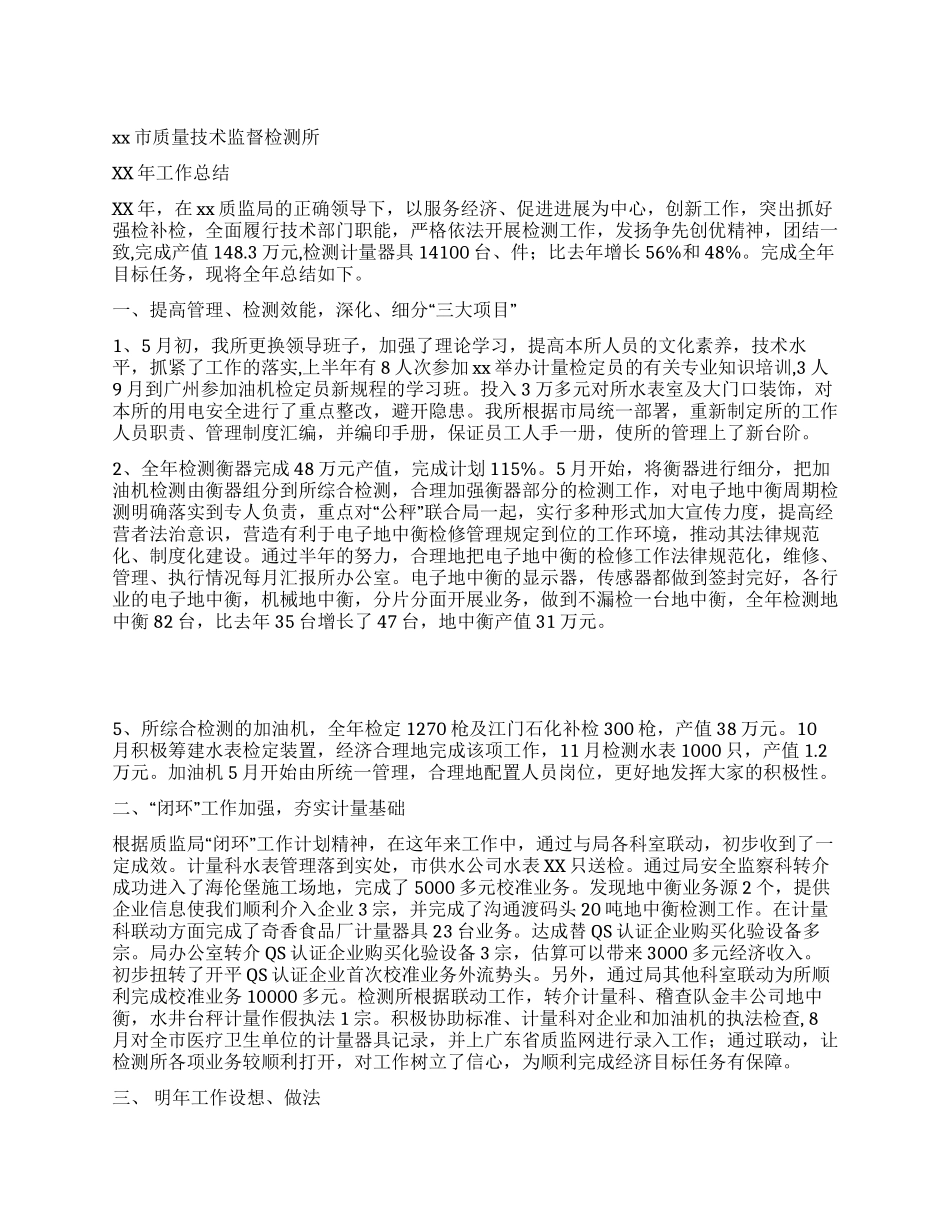 XX年市质量技术监督检测所年度总结_第1页