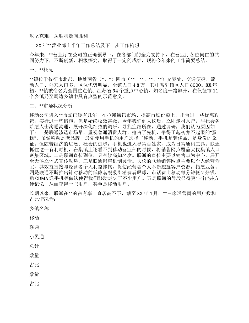 XX年移动营业部上半年工作总结及下一步工作构想_第1页