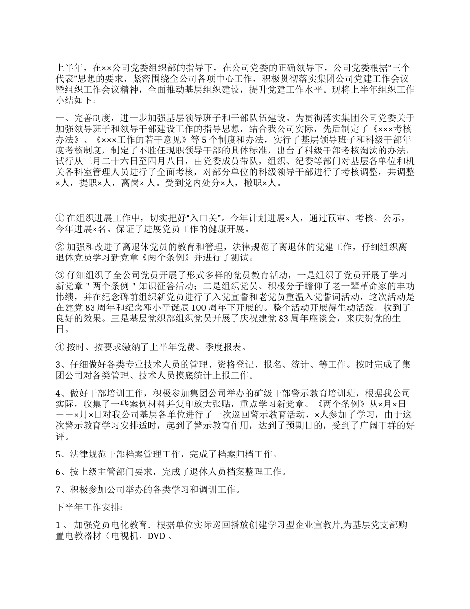 ××××公司二OO四年上半年组织工作小结_第1页