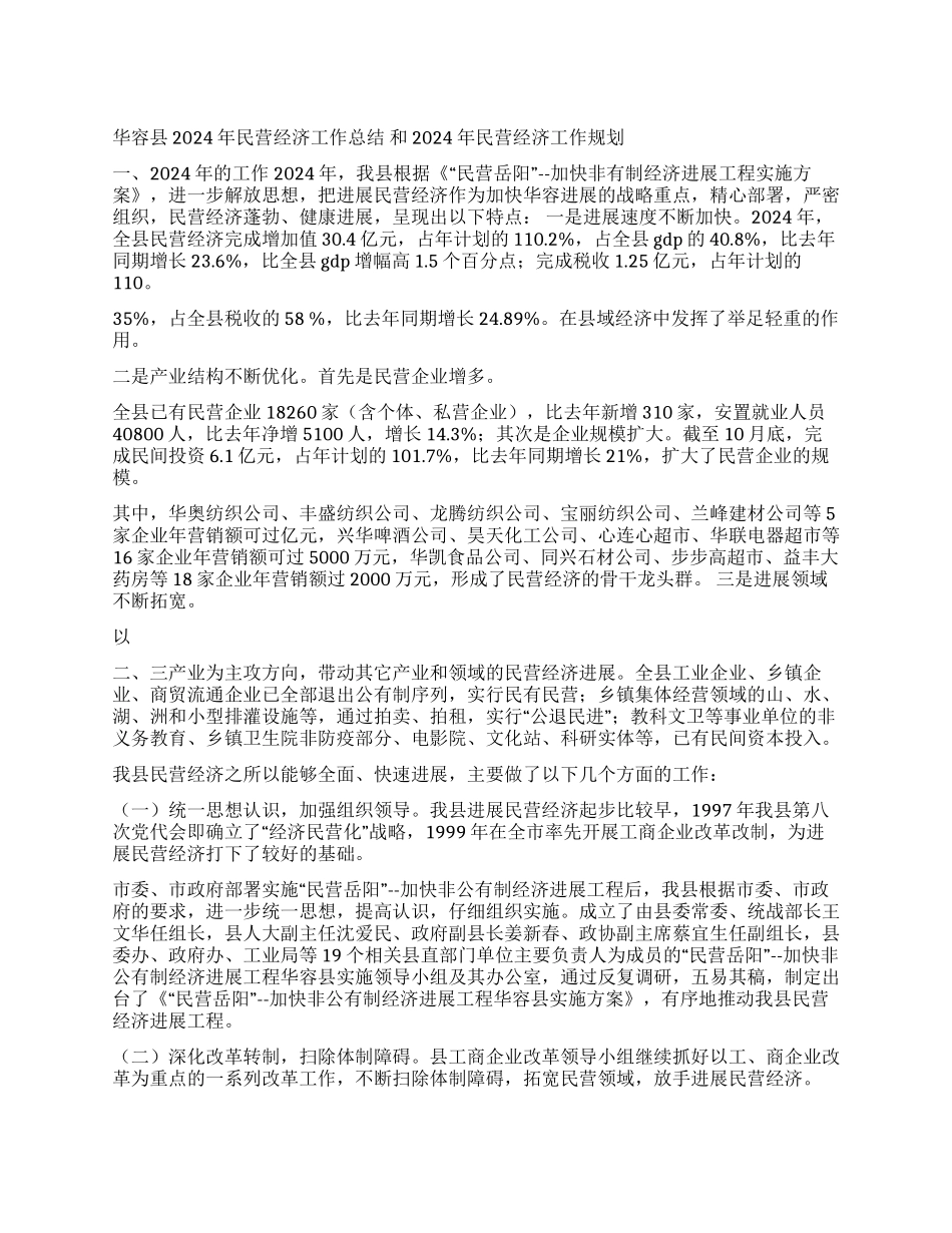 ×县2024年民营工作总结及2024年工作规划_第1页