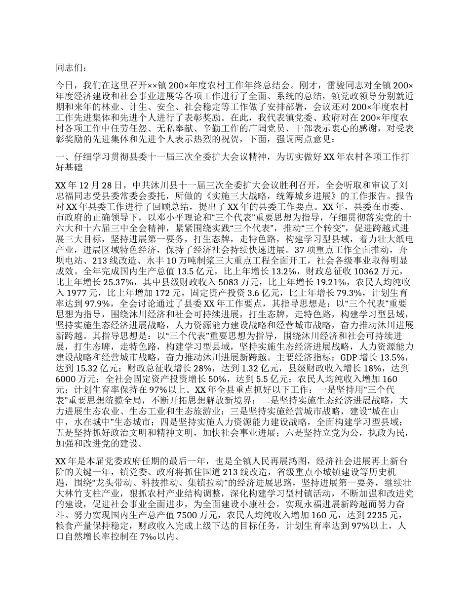 ×镇在2XX×年度农村工作年终总结会上的年终讲话_第1页