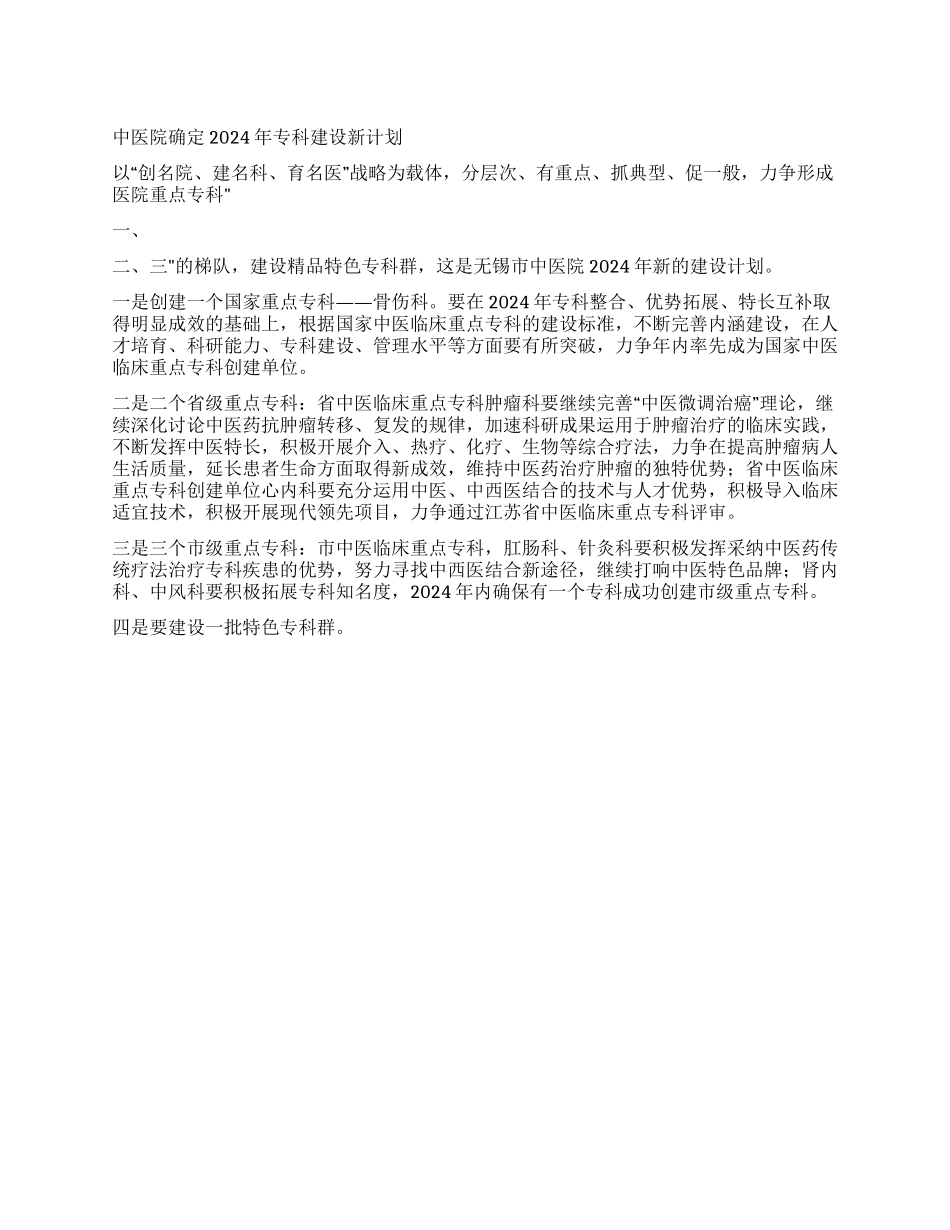 “中医院确定专科建设新计划医院工作计划_第1页