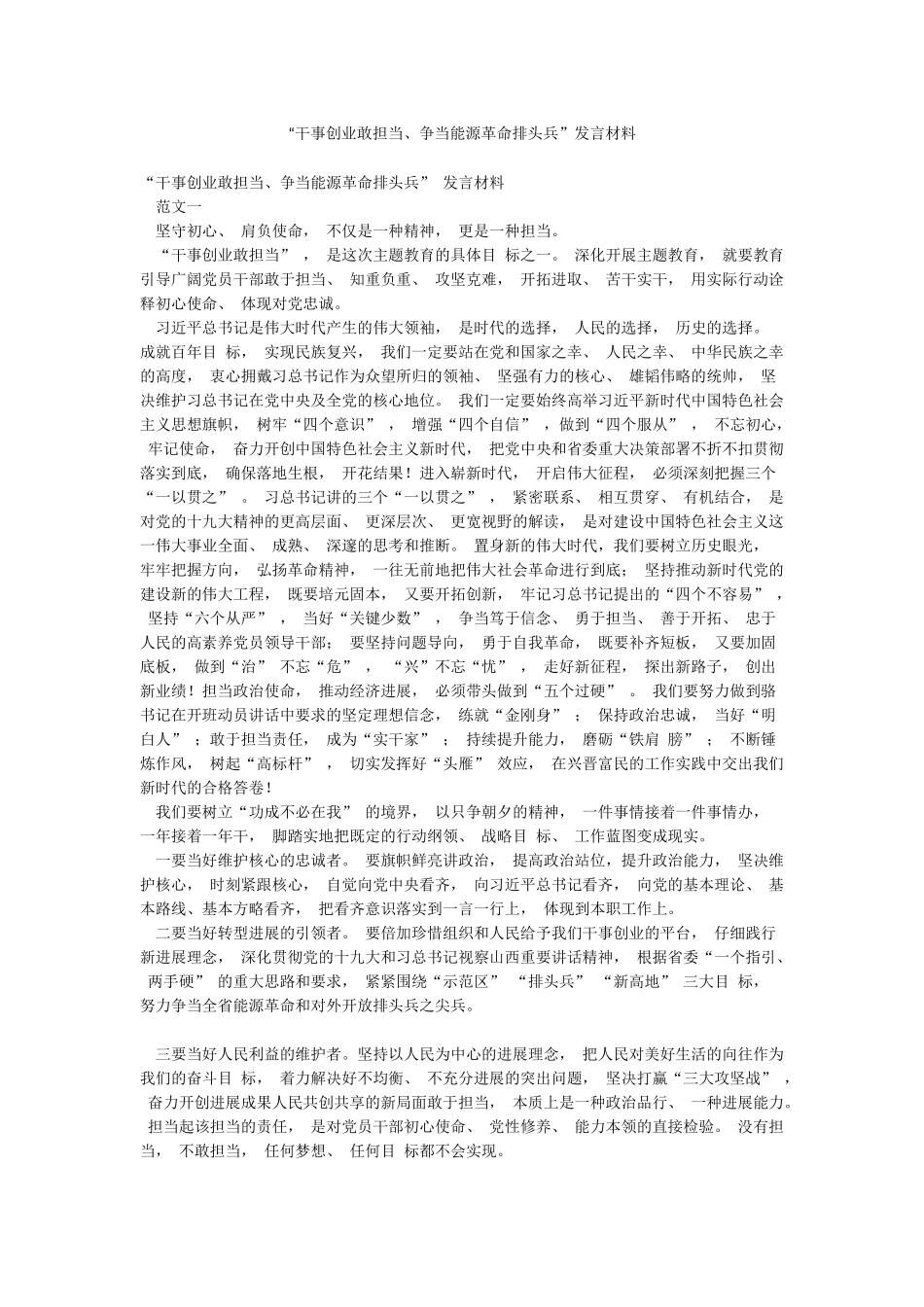 “干事创业敢担当争当能源革命排头兵”发言材料_第1页
