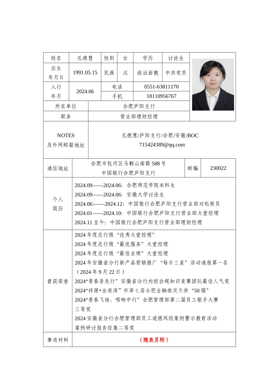“最美一线青年员工”推荐表-庐阳孔德慧_第1页