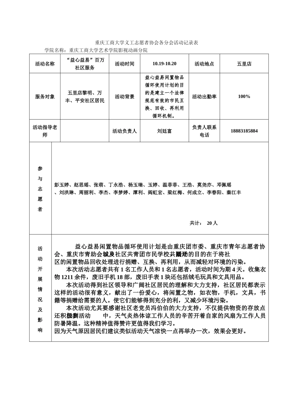 “益心益易”百万社区服务活动记录表_第1页