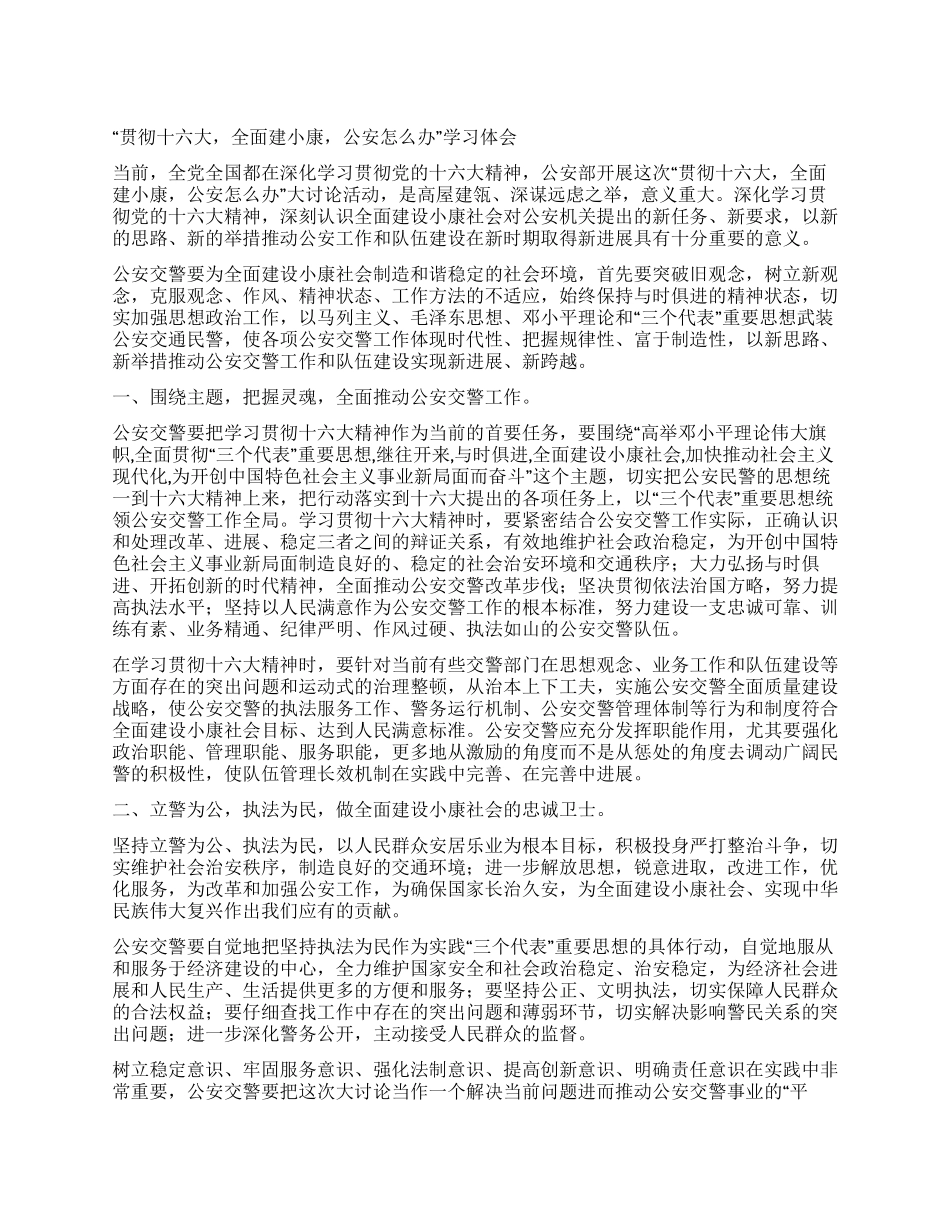 “贯彻十六大全面建小康公安怎么办学习体会_第1页